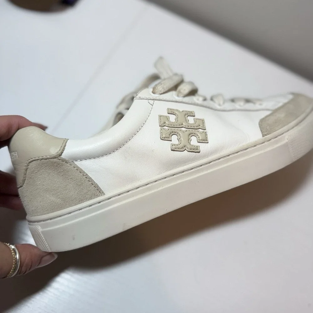 Tory Burch Sneakers Bari Nappa Color Block Women Sz 9 White Beige Leather Suede